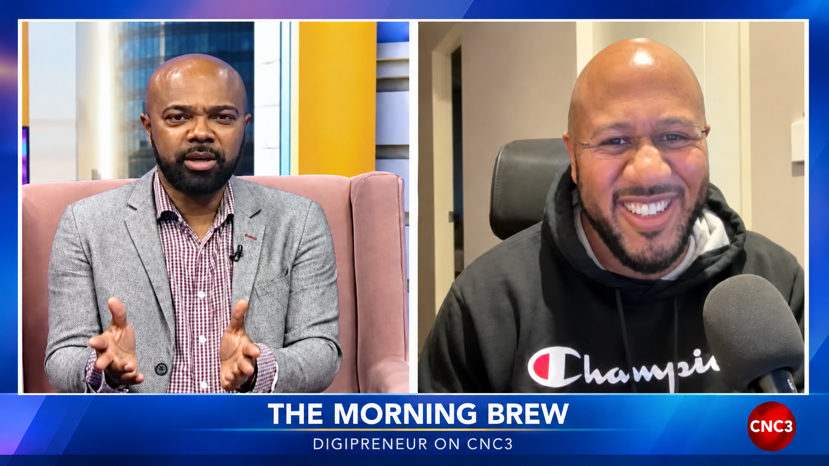 Jason JW Williams and Keron Rose in a split-screen conversation on CNC3’s The Morning Brew