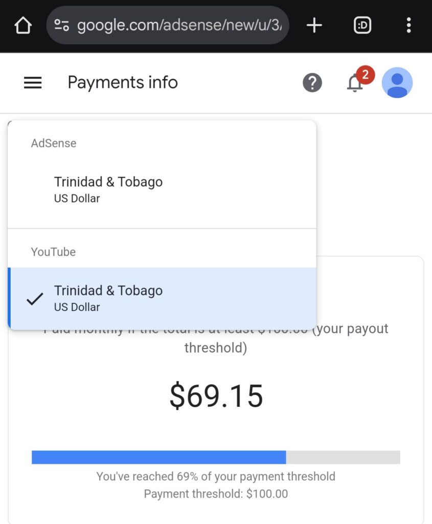 Google AdSense account in Trinidad and Tobago connected to YouTube