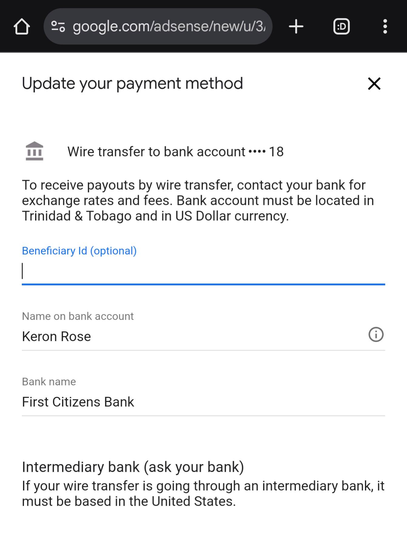 Caribbean bank account added to AdSense for YouTube payments