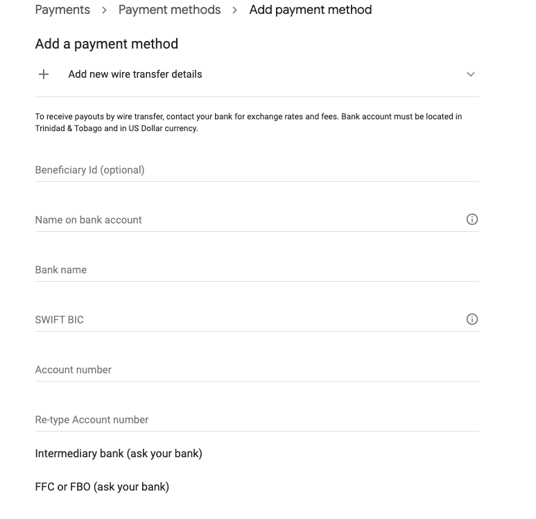 Add a payment method fields in Google AdSense
