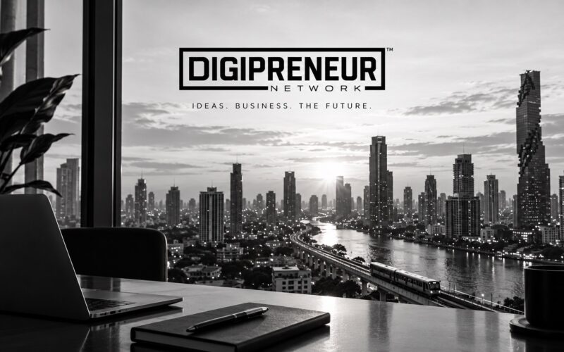 Digipreneur Network logo above a black-and-white city skyline, viewed from a desk with a laptop and notebook