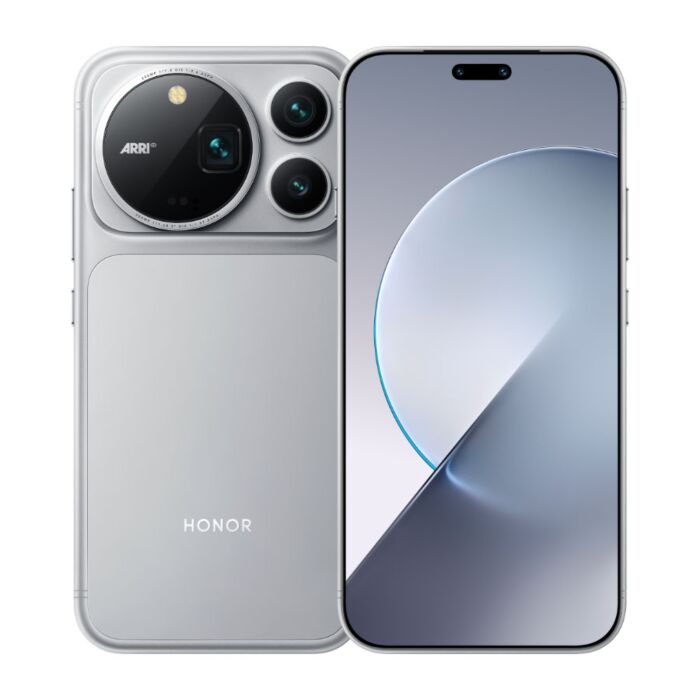 HONOR Magic9 Pro Max in silver, front and rear product views.