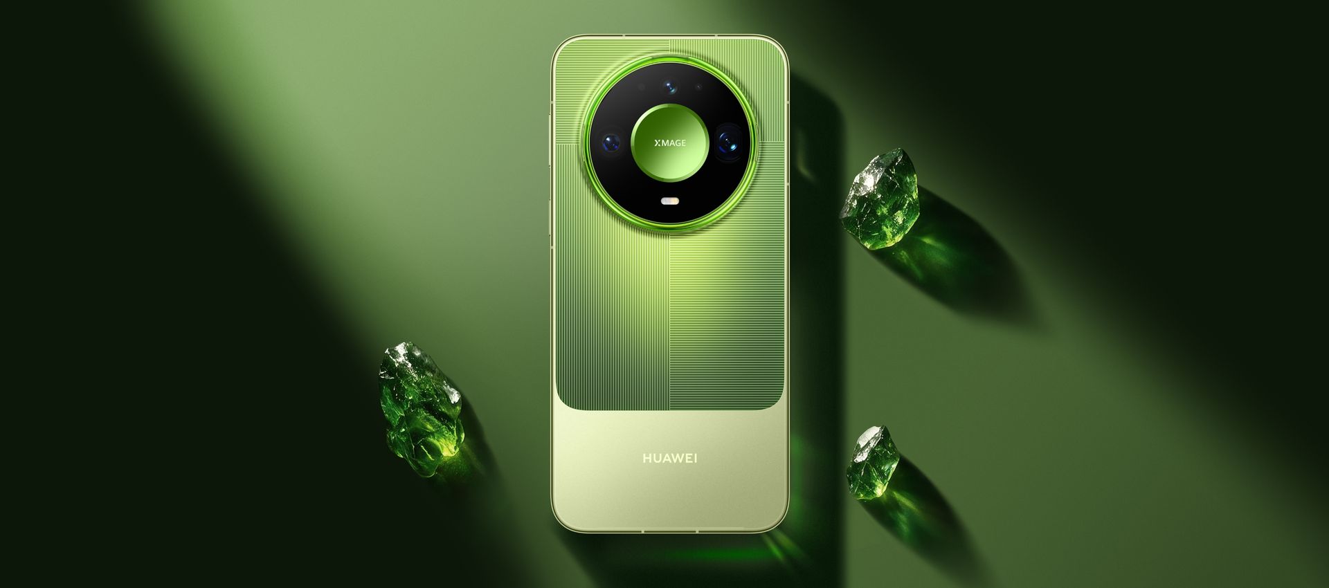 Rear view of the green Huawei Mate 90 Pro Max and its circular XMAGE camera design.
