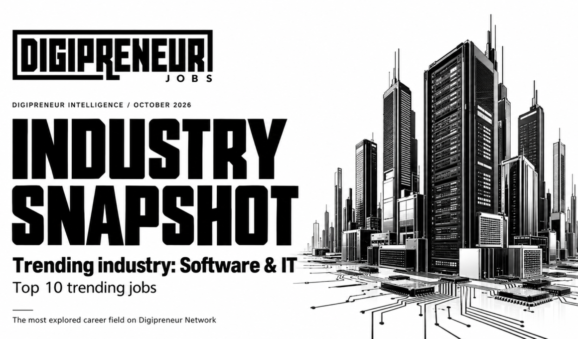 Digipreneur Intelligence industry snapshot: top 10 trending Software & IT jobs, October 2026, with a monochrome technology cityscape.