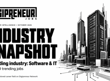 Digipreneur Intelligence industry snapshot: top 10 trending Software & IT jobs, October 2026, with a monochrome technology cityscape.