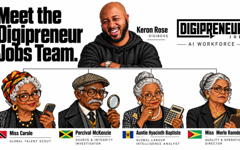 Meet the Digipreneur Jobs AI Workforce: Keron Rose with Miss Carole, Percival McKenzie, Auntie Hyacinth Baptiste and Miss Merle Ramdeen